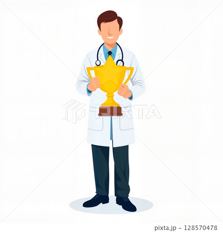 Doctor proudly holding golden award trophy, achievement recognition 128570478