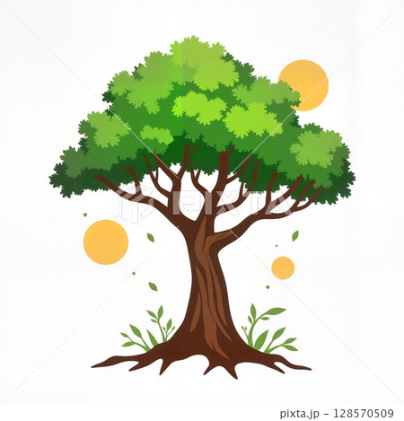 Sturdy oak tree illustration with sun, symbolizing strength and growth 128570509