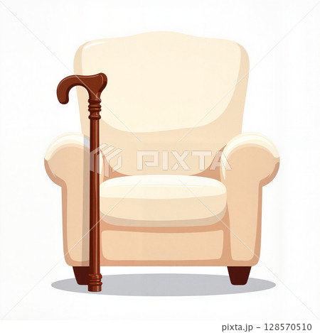 Sturdy wooden cane beside plush armchair, symbolizing support and comfort 128570510