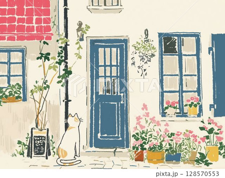 青い扉の前でたたずむ猫と花のある家 128570553