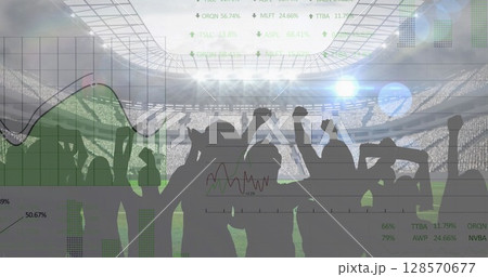Image of graphs and data processing over cheering sports fans at stadium 128570677