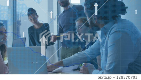 Image of upload arrows and data processing over diverse colleagues talking in office 128570703