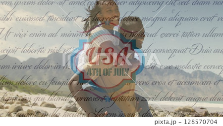 Image of independence day text over smiling diverse couple carrying in mountains 128570704