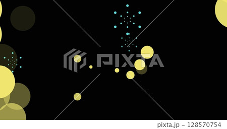 Image of blue firework explosions and bokeh yellow light spots on black background 128570754