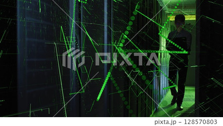 Image of data processing over asian male it engineer with laptop by computer server 128570803