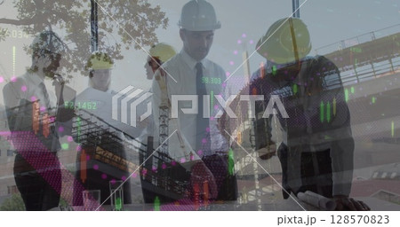 Image of statistics processing over male and female architect holding plans at construction site 128570823