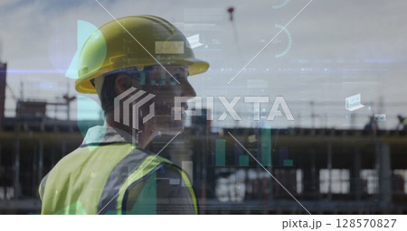 Image of statistics processing over female architect holding plans at construction site 128570827