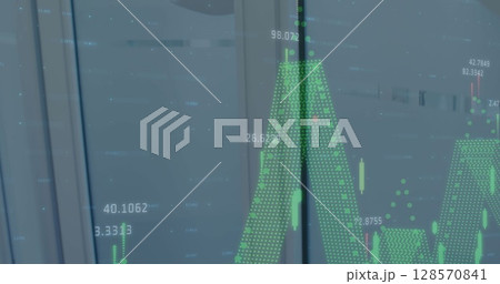 Image of statistics and data processing over man opening door Image of statistics and data processing over man opening door 128570841