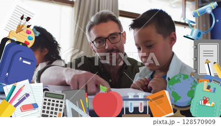 Image of school items over school children and male caucasian teacher in class 128570909