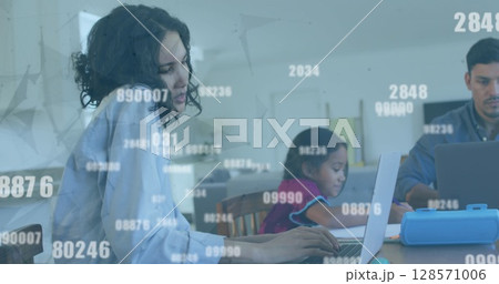 Image of numbers processing over biracial couple with daughter working and learning from home 128571006
