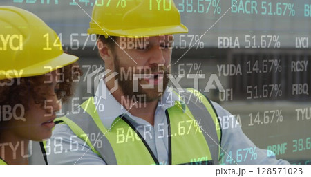 Image of statistics processing over male and female architects talking at construction site 128571023