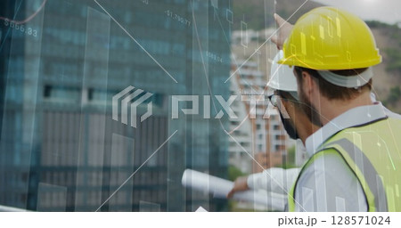 Image of statistics processing over male architects talking at construction site Image of statistics processing over male architects talking at construction site 128571024