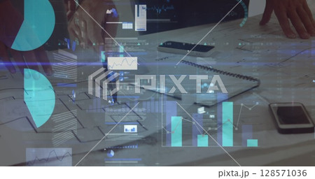 Image of statistics and financial data processing over business people in meeting Image of statistics and financial data processing over business people in meeting 128571036