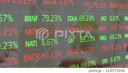 Image of financial data processing over business people in meeting 128571048