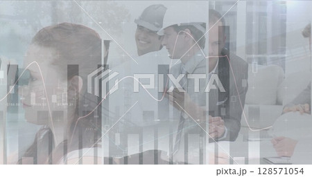 Image of statistics and data processing over architects with plans in meeting 128571054