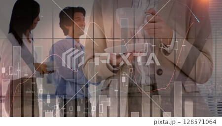 Image of statistics and financial data processing over business people in meeting Image of statistics and financial data processing over business people in meeting 128571064