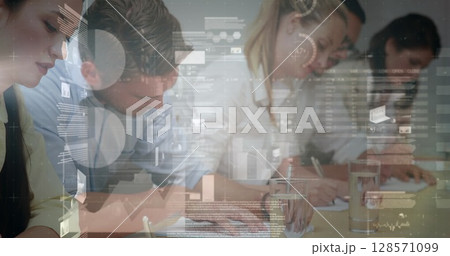 Image of statistics and financial data processing over business people in meeting Image of statistics and financial data processing over business people in meeting 128571099