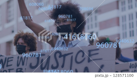 Image of diverse people raising hands with face masks over numbers Image of diverse people raising hands with face masks over numbers 128571100
