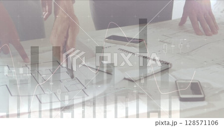 Image of statistics and financial data processing over architects with plans in meeting Image of statistics and financial data processing over architects with plans in meeting 128571106