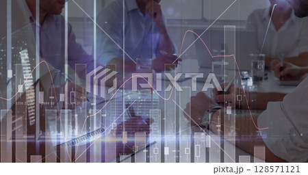 Image of statistics and financial data processing over business people in meeting 128571121