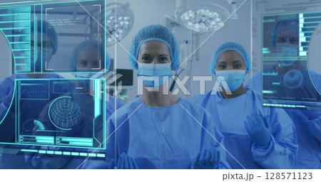 Image of data processing over diverse doctors with face masks 128571123