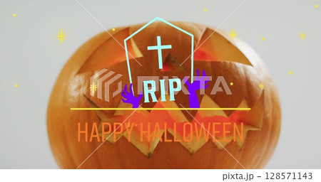 Image of happy halloween text over tombstone and carved pumpkin Image of happy halloween text over tombstone and carved pumpkin 128571143
