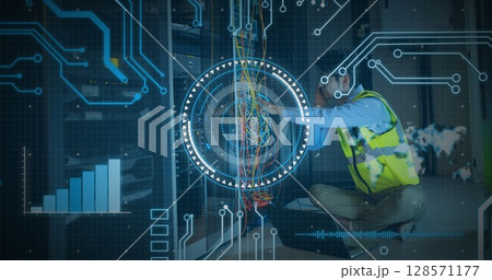 Image of digital interface and data processing over worker Image of digital interface and data processing over worker 128571177