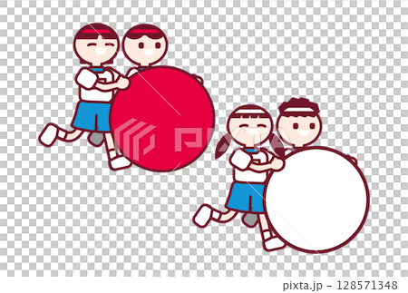 Children divided into white and red teams rolling a big ball at a sports day Children divided into white and red teams rolling a big ball at a sports day 128571348
