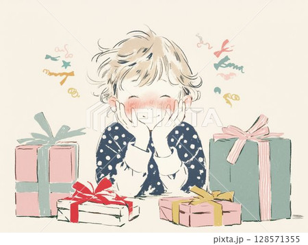 プレゼントに囲まれて喜ぶ子ども プレゼントに囲まれて喜ぶ子ども 128571355
