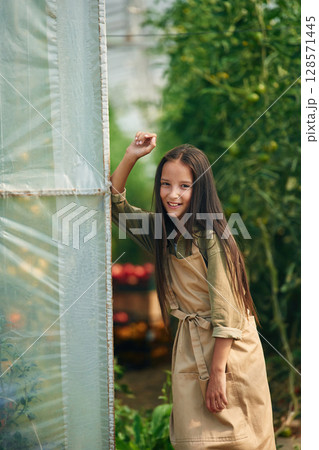 Standing, near greenhouse. Little girl is in the garden with tomatoes 128571445