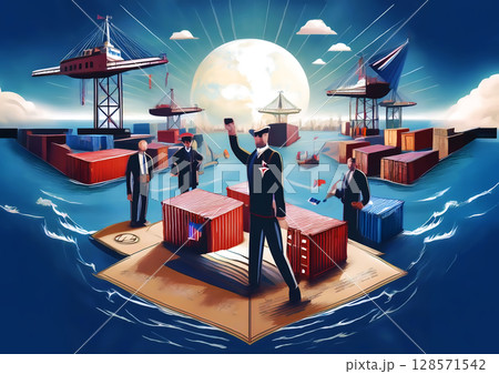 埠頭に停泊するコンテナ船の3dイラスト 128571542
