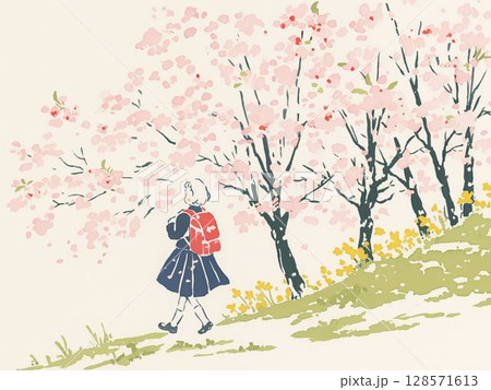 満開の桜の下を歩く女の子の春の一日 128571613