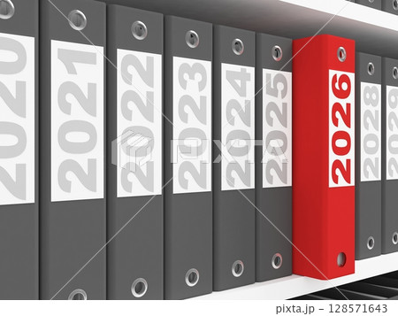 Office folders  on the shelves. New Year 2026 concept. 3d rendering 128571643
