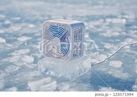 氷の上に置かれた小型扇風機のユーモラスな冷却コンセプト 128571994