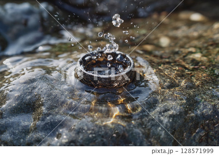 水面に置かれた装飾リングと跳ね上がる水滴の美しい瞬間 128571999
