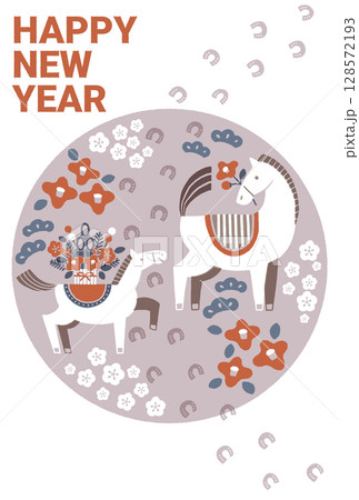 2026年 午年年賀状イラスト(馬の親子と馬の足跡) 2026年 午年年賀状イラスト(馬の親子と馬の足跡) 128572193