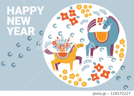 2026年　午年年賀状イラスト（馬の親子と馬の足跡) 128572227