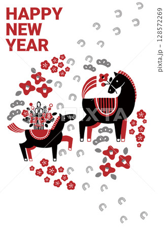 2026年　午年年賀状イラスト（馬の親子と馬の足跡) 128572269