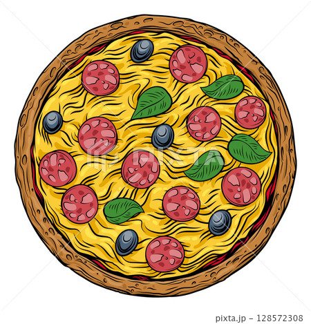 Vinatge Woodcut Pizza Full Color 128572308