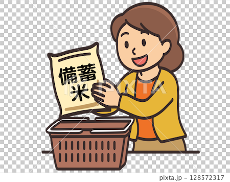 Illustration of a housewife buying stockpiled rice and taking it out of the basket 128572317