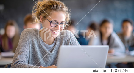 A smiling young woman with glasses uses a laptop in a classroom, showcasing successful e-learning, academic engagement, and the positive impact of technology on modern education 128572463