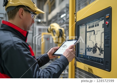 Worker Using Tablet to Monitor Robotic Machinery in Industrial Facility During Daytime Operations Worker Using Tablet to Monitor Robotic Machinery in Industrial Facility During Daytime Operations 128572599