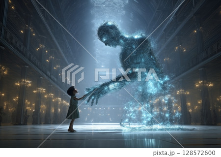 Child Encounters a Glowing Figure in a Grand, Mystical Hall Filled With Light Child Encounters a Glowing Figure in a Grand, Mystical Hall Filled With Light 128572600