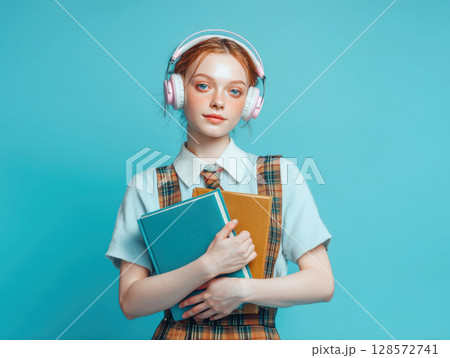 Stylish student wearing pink headphones and school uniform, holding books with a calm expression. Perfect for themes of education, music, and youthful learning against a solid blue background 128572741