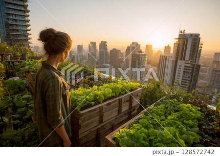 Urban Rooftop Garden Flourishing at Sunset With City Skyline in Background Urban Rooftop Garden Flourishing at Sunset With City Skyline in Background 128572742