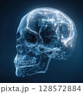 An ethereal, translucent human skull overlaid with glowing neural networks and intricate circuit board patterns, representing artificial intelligence, brain function, technology, and neuroscience 128572884