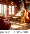 An inviting, sun-drenched music room, complete with a grand piano, double bass, and drum kit, bathed in a warm, nostalgic glow, perfect for creative inspiration and artistic expression 128572886
