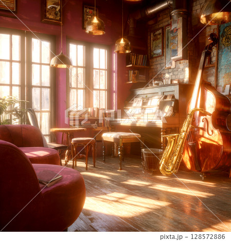 An inviting, sun-drenched music room, complete with a grand piano, double bass, and drum kit, bathed in a warm, nostalgic glow, perfect for creative inspiration and artistic expression 128572886