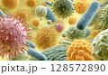 Explore microscopic landscape featuring a diverse array of viruses, bacteria, and other microorganisms. Ideal for health, medical, biological themes, representing infection, disease, microscopic life 128572890