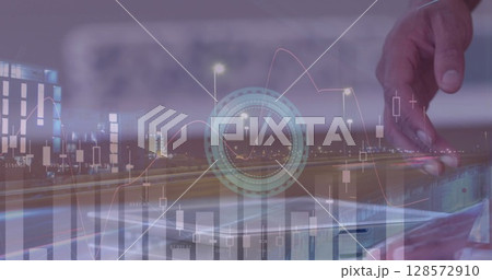 Image of clock, statistics and financial data processing over man using tablet 128572910
